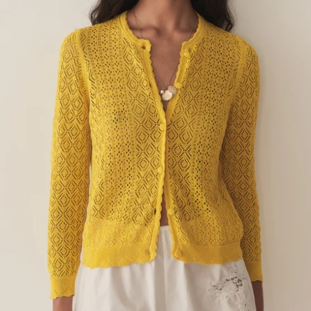Doen Diane Pointelle Crewneck Eyelet Button Cardigan Sweater Top Citrus Yellow